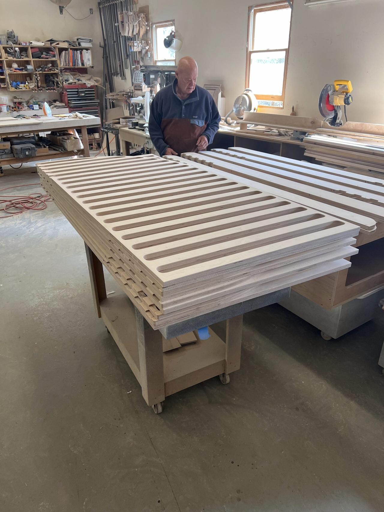 Twin bed trestle panels being built in the Two Pillow Honey workshop